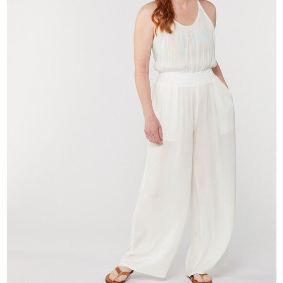 READ Prana Fernie Wide Leg Jumpsuit White Tencel Modal Beach Flowy Size Small - Picture 1 of 9